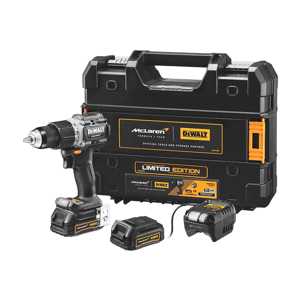 DeWALT Aku bušilica - odvijač + 2x Powerstack baterija, Punjač i Kofer McLaren F1 Team DCD85ME2GT-QW (Set)