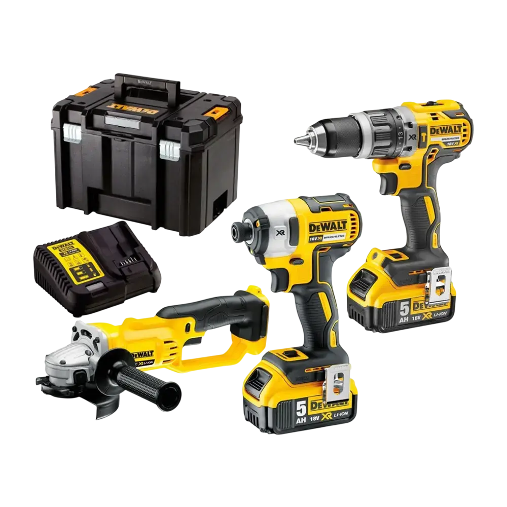 DeWALT Aku set XR 18V DCK383P2T (Bušilica, Udarni odvijač, Brusilica) + 2x Baterija 5.0 Ah, Punjač i Kofer
